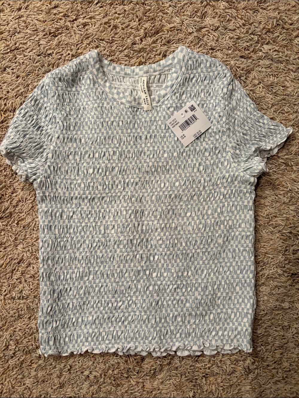 American Eagle Outfitters Light Blue Smocked Short Sleeve Tee